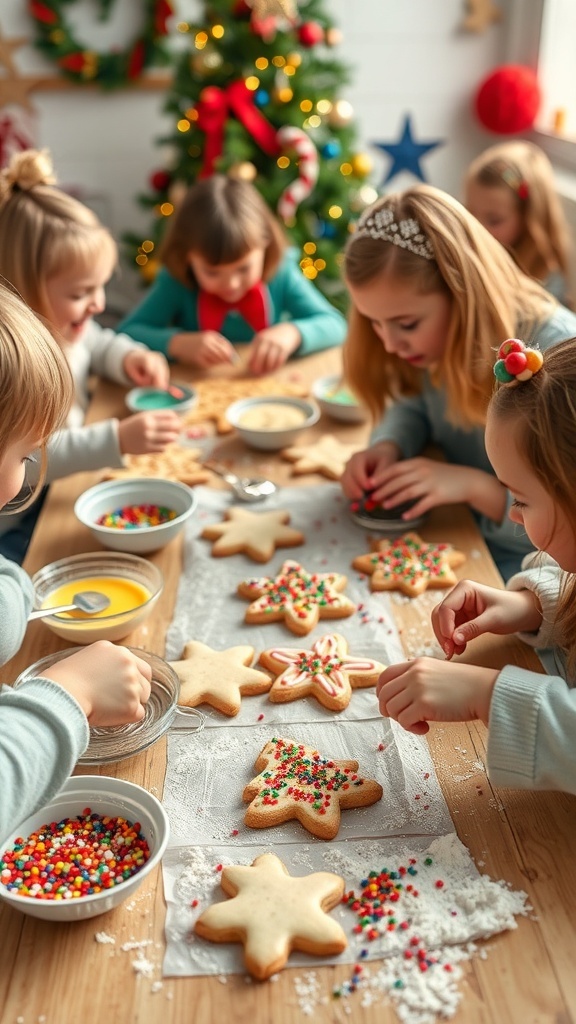 Christmas Cookie Decorating with Kids Children decorating Christmas cookies with icing and sprinkles on a festive table.